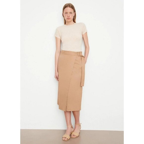 VINCE Buckle Wrap Linen Blend Midi Wrap Skirt Sandshell Womens Size 14 - Picture 1 of 12